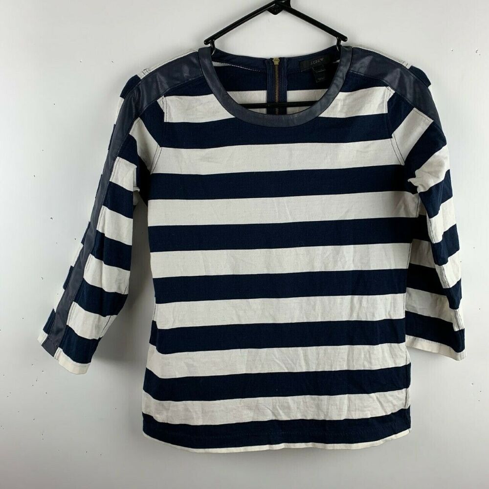 J Crew XXS Womens Top Black White Stripe Faux Leather Trim 3/4 Sleeve